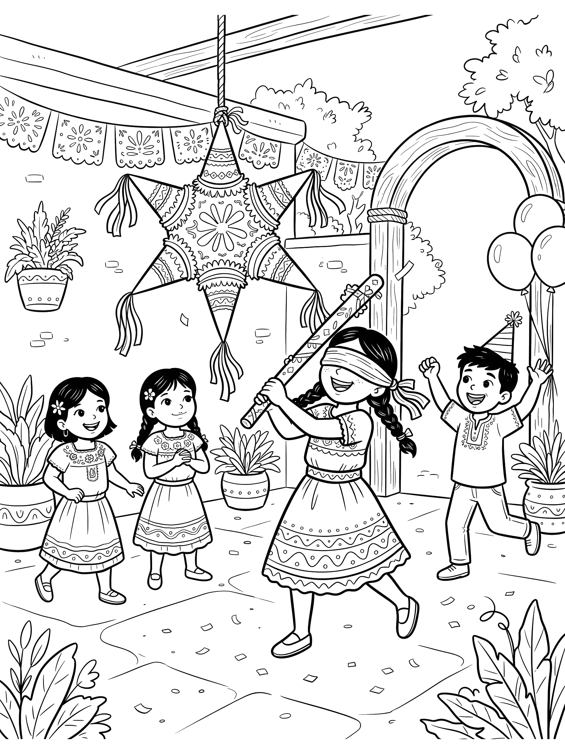 Kids Breaking a Piñata coloring page