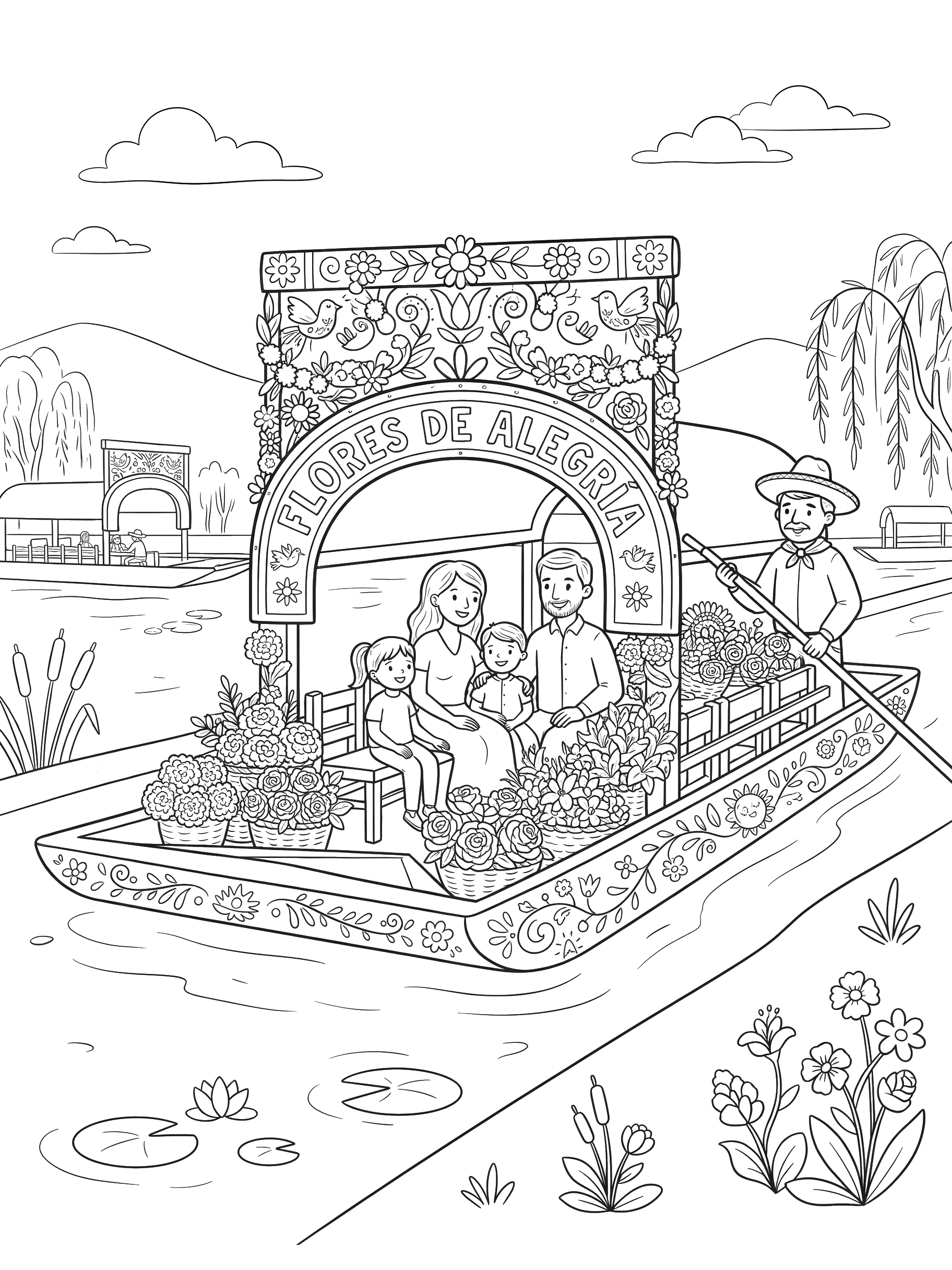 Trajinera in Xochimilco coloring page