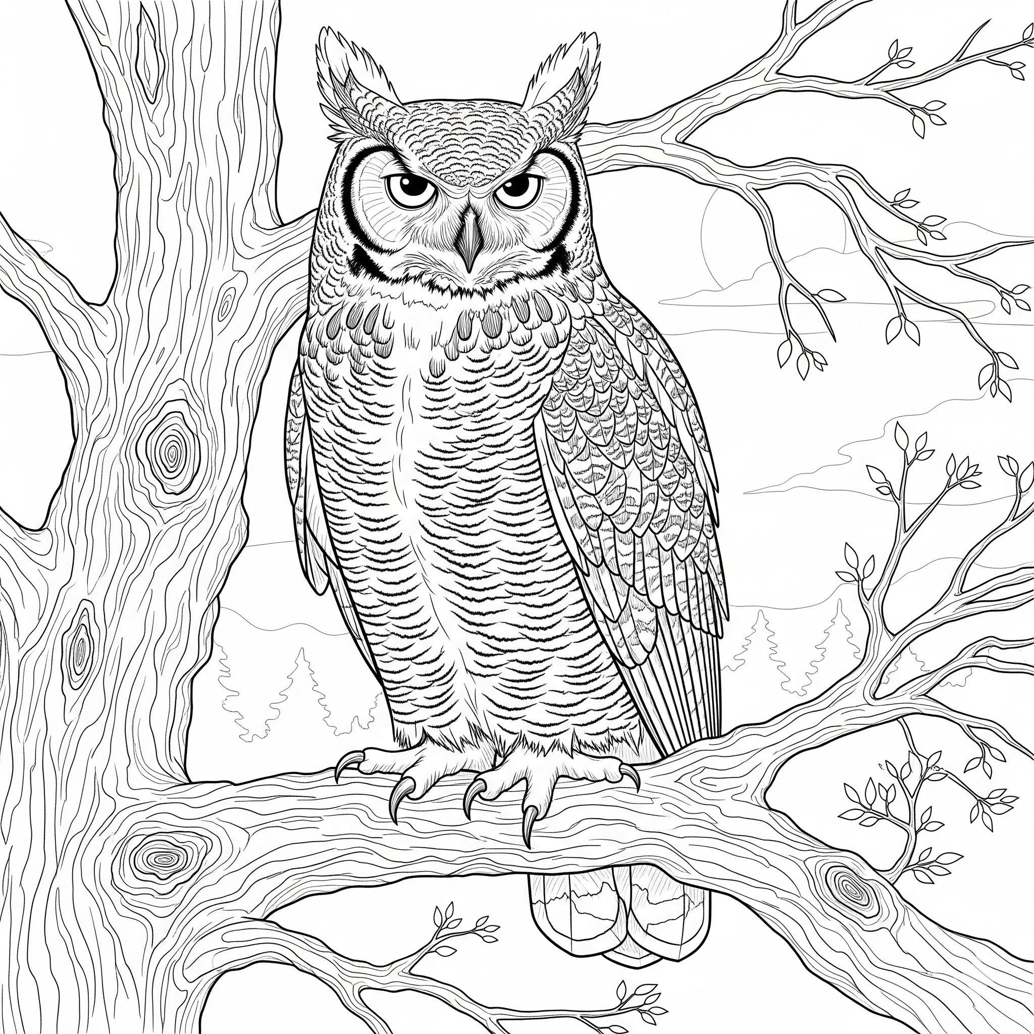 Búho con plumaje detallado y líneas finas para colorear