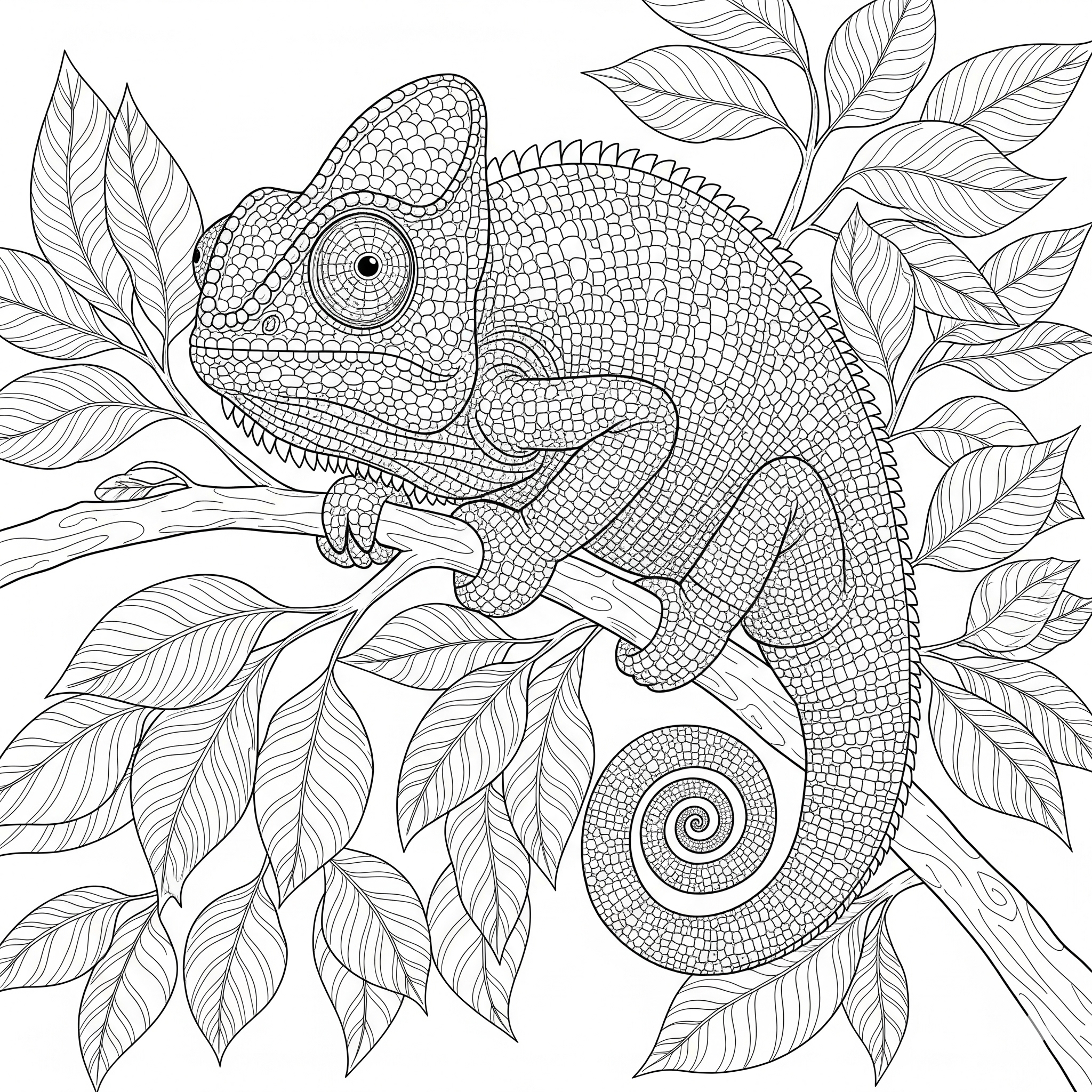 Camaleón con piel texturizada sobre una rama, para colorear