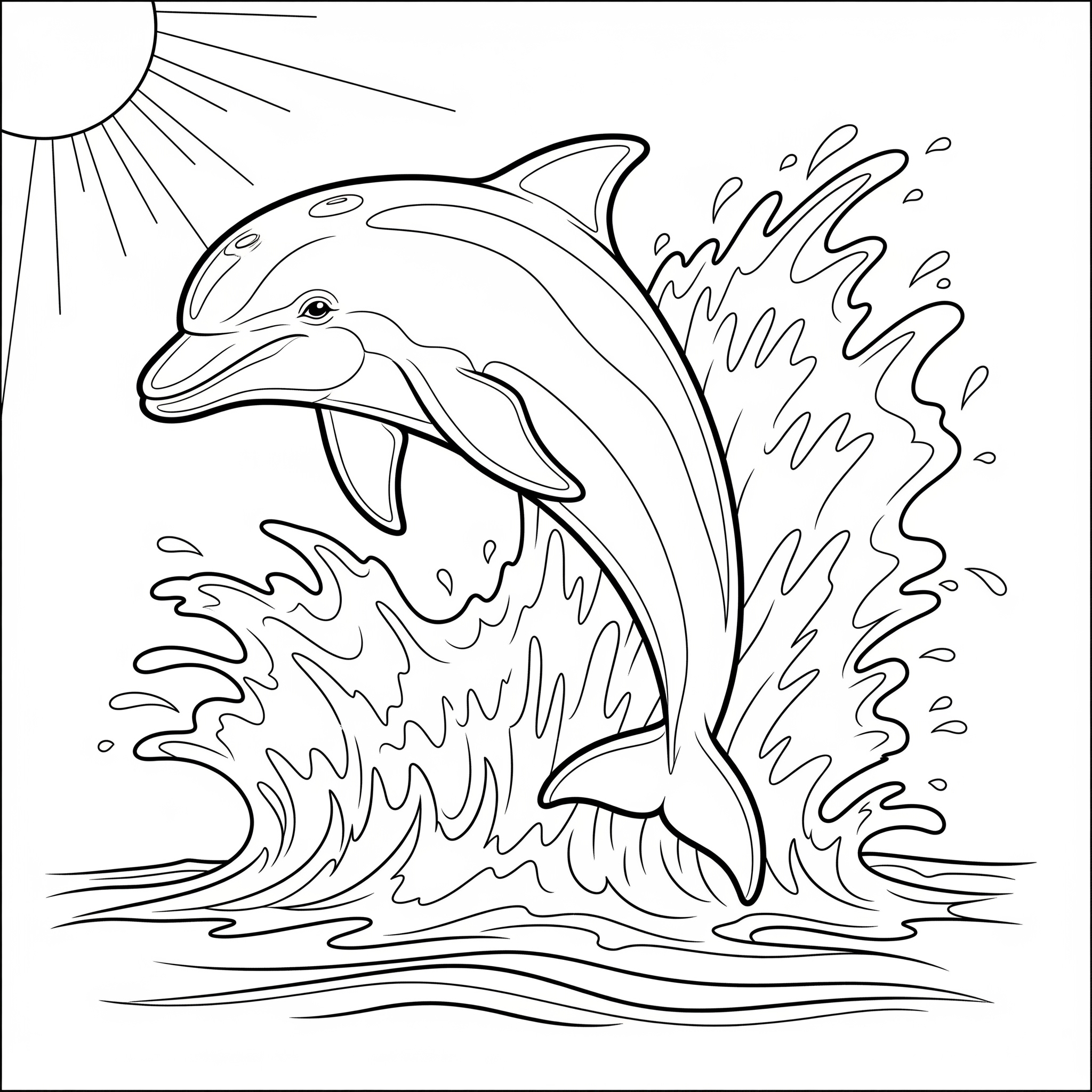 Delfín saltando del agua, con salpicaduras, para colorear
