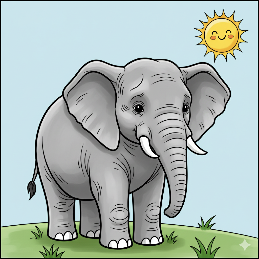 Elefante coloreado con tonos de gris y fondo de sabana