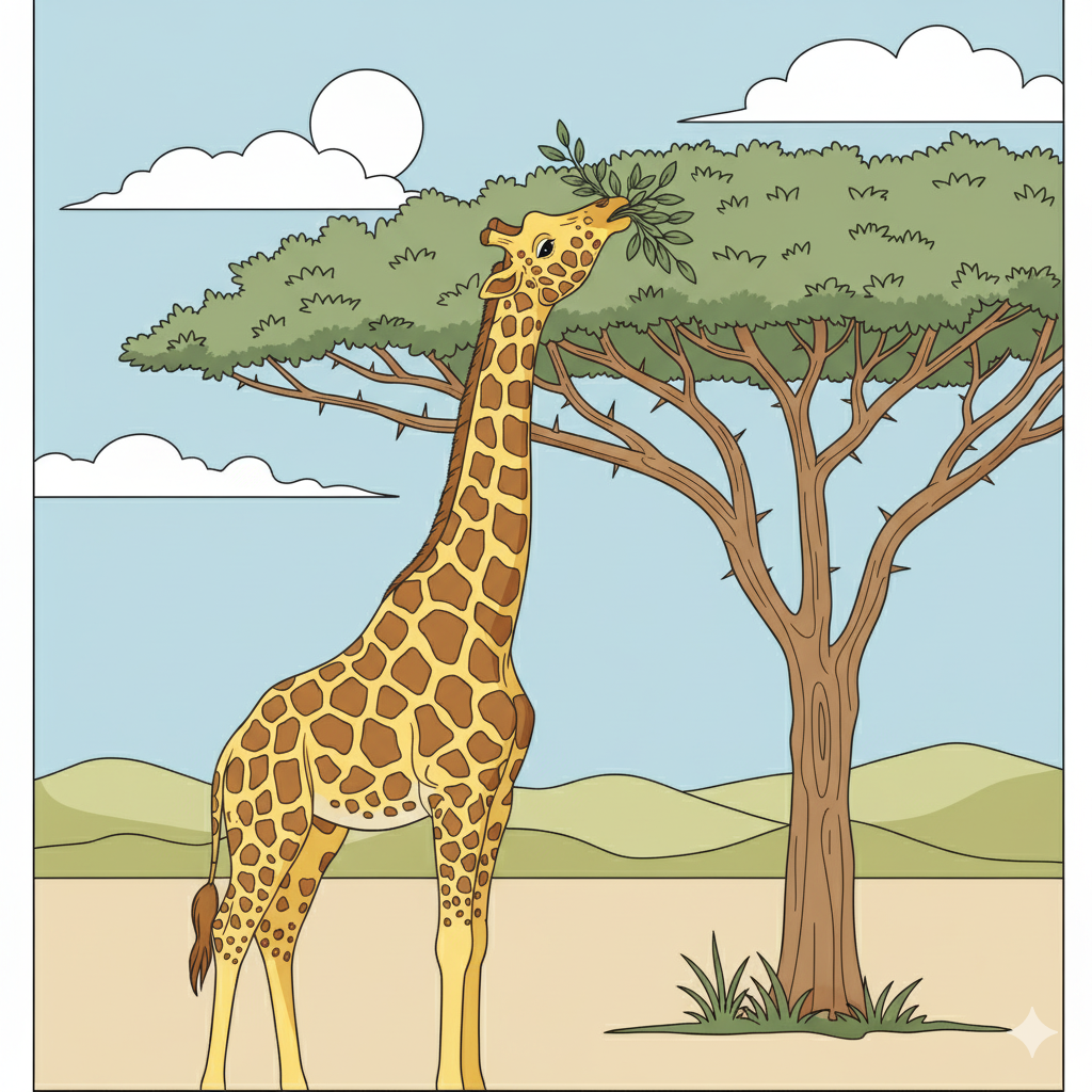 Jirafa coloreada en amarillo y marrón junto a un árbol verde