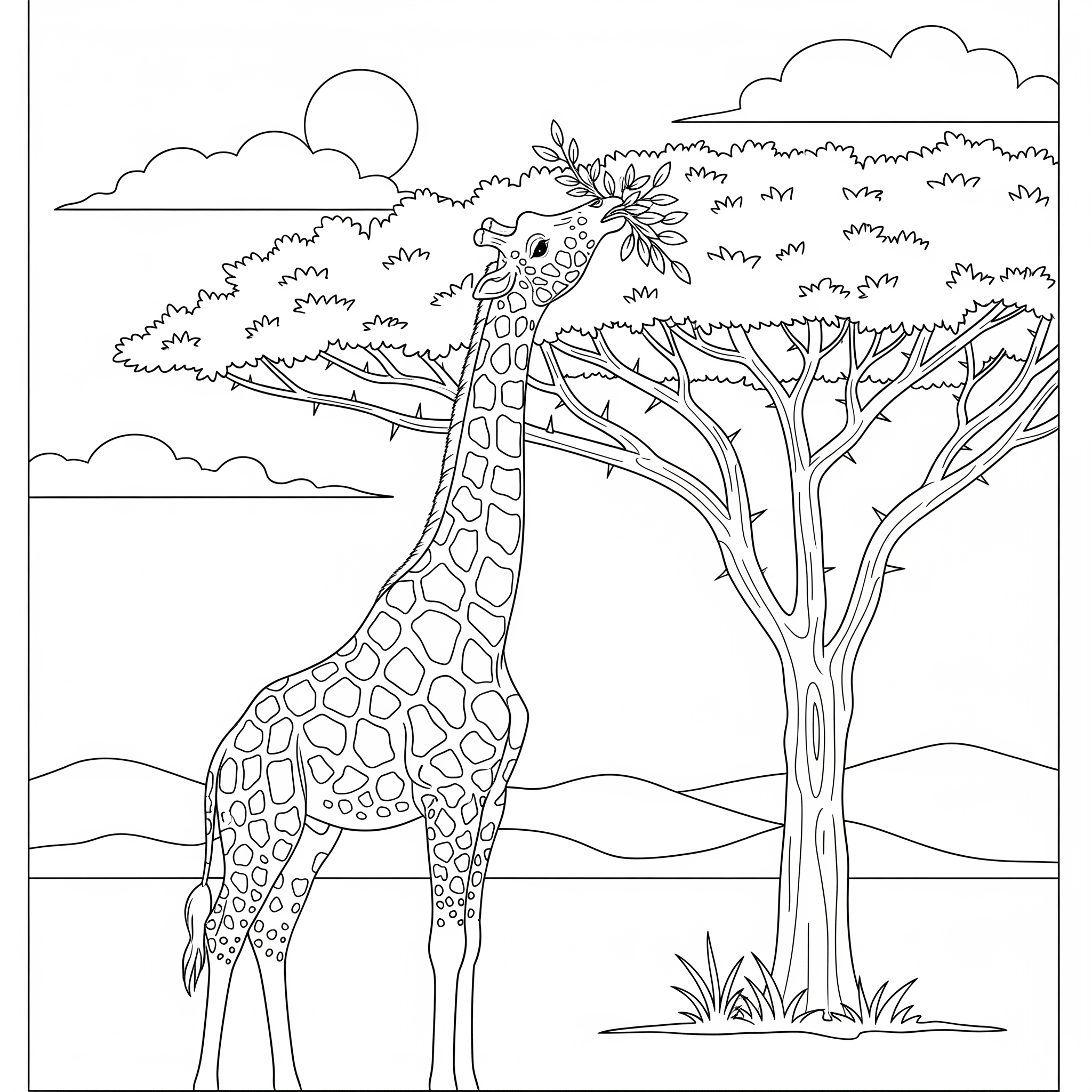 Jirafa comiendo de un árbol, con manchas definidas para colorear