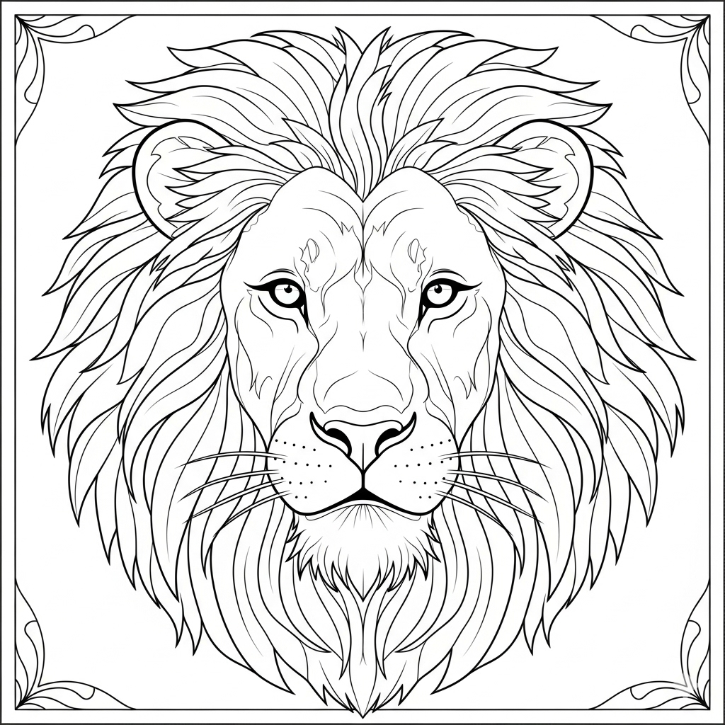 León majestuoso sin colorear - contorno negro sobre fondo blanco