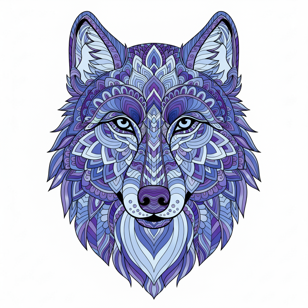 Mandala de lobo coloreado con una paleta de tonos fríos