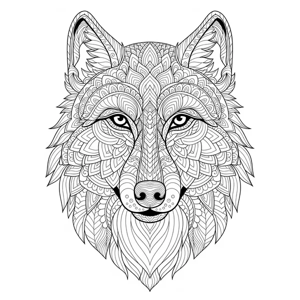 Wolf head with intricate mandala patterns to color