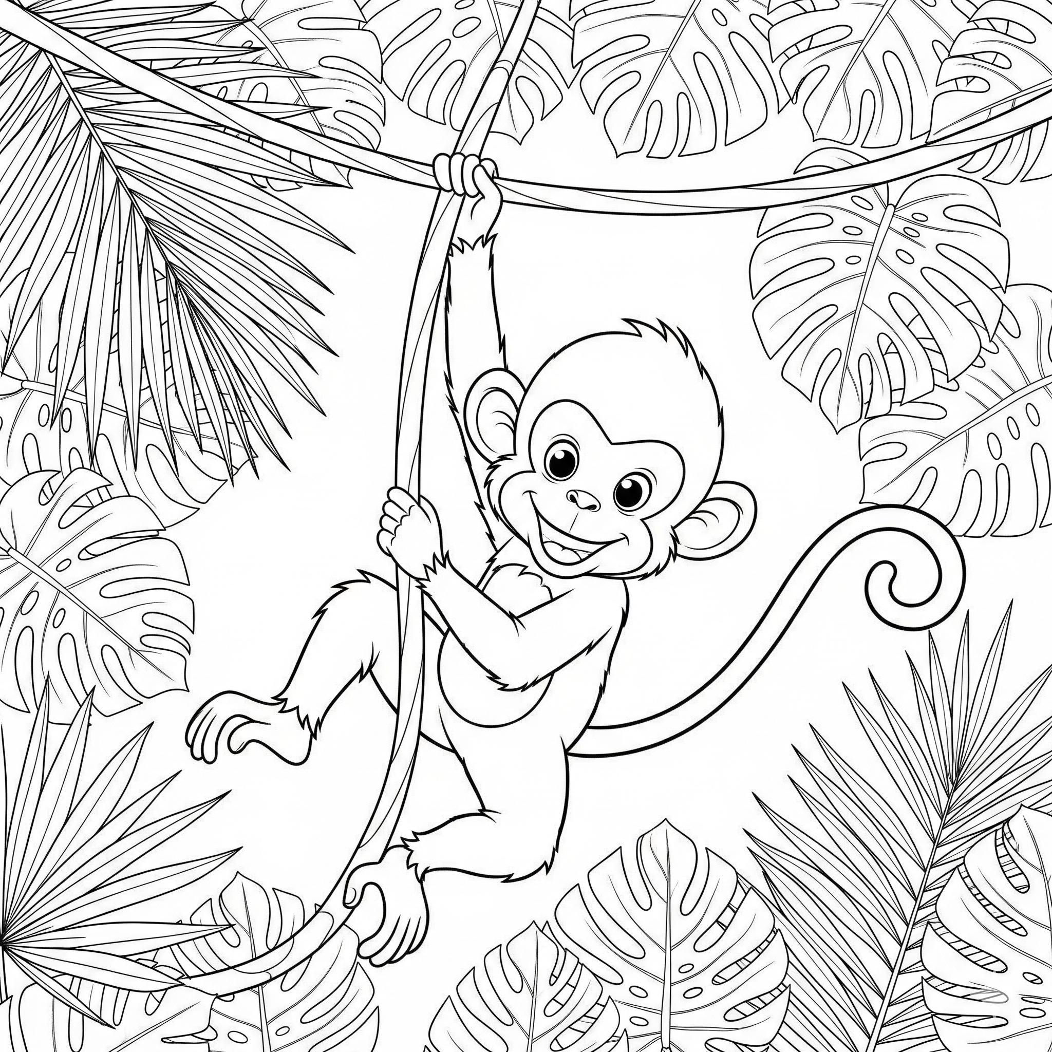 Mono sonriente colgado de una liana, listo para colorear