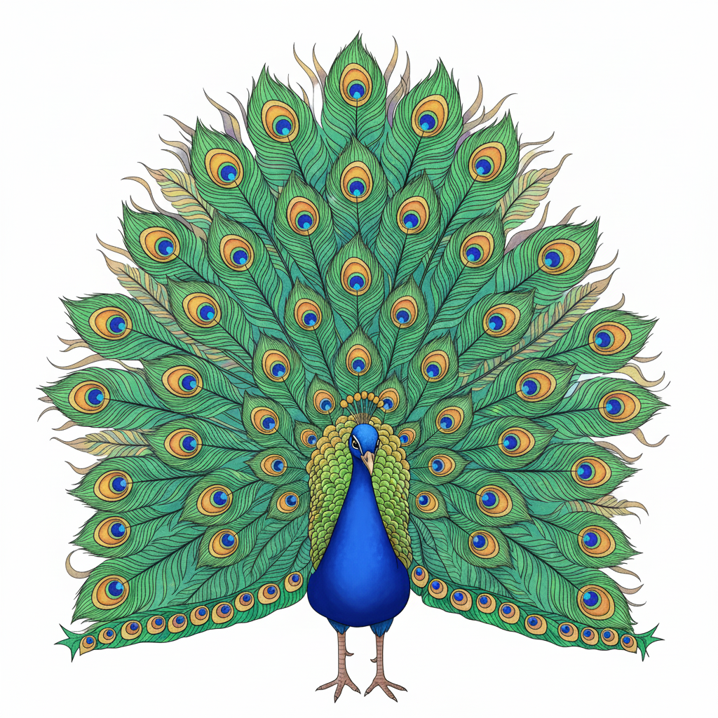 Pavo real coloreado con vibrantes tonos azules, verdes y dorados