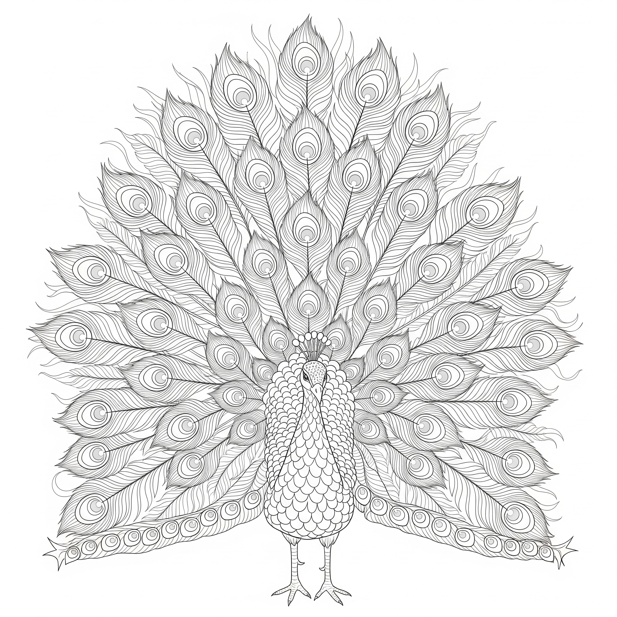 Pavo real con cola de plumas detallada para colorear