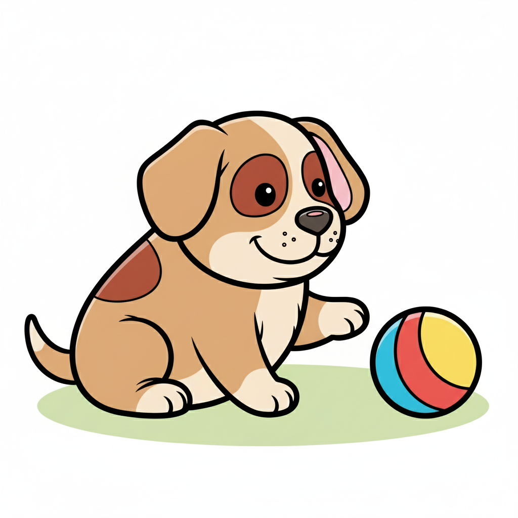 Perrito feliz coloreado en tonos marrones y con una pelota roja