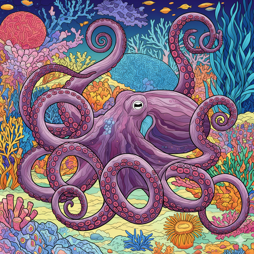 Pulpo coloreado en tonos púrpuras y rojos con corales vibrantes
