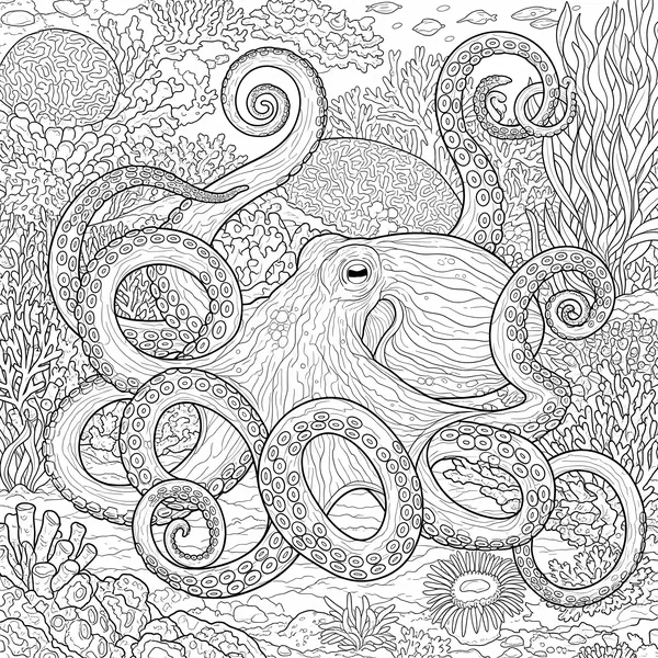 Octopus with detailed tentacles and suckers on a reef