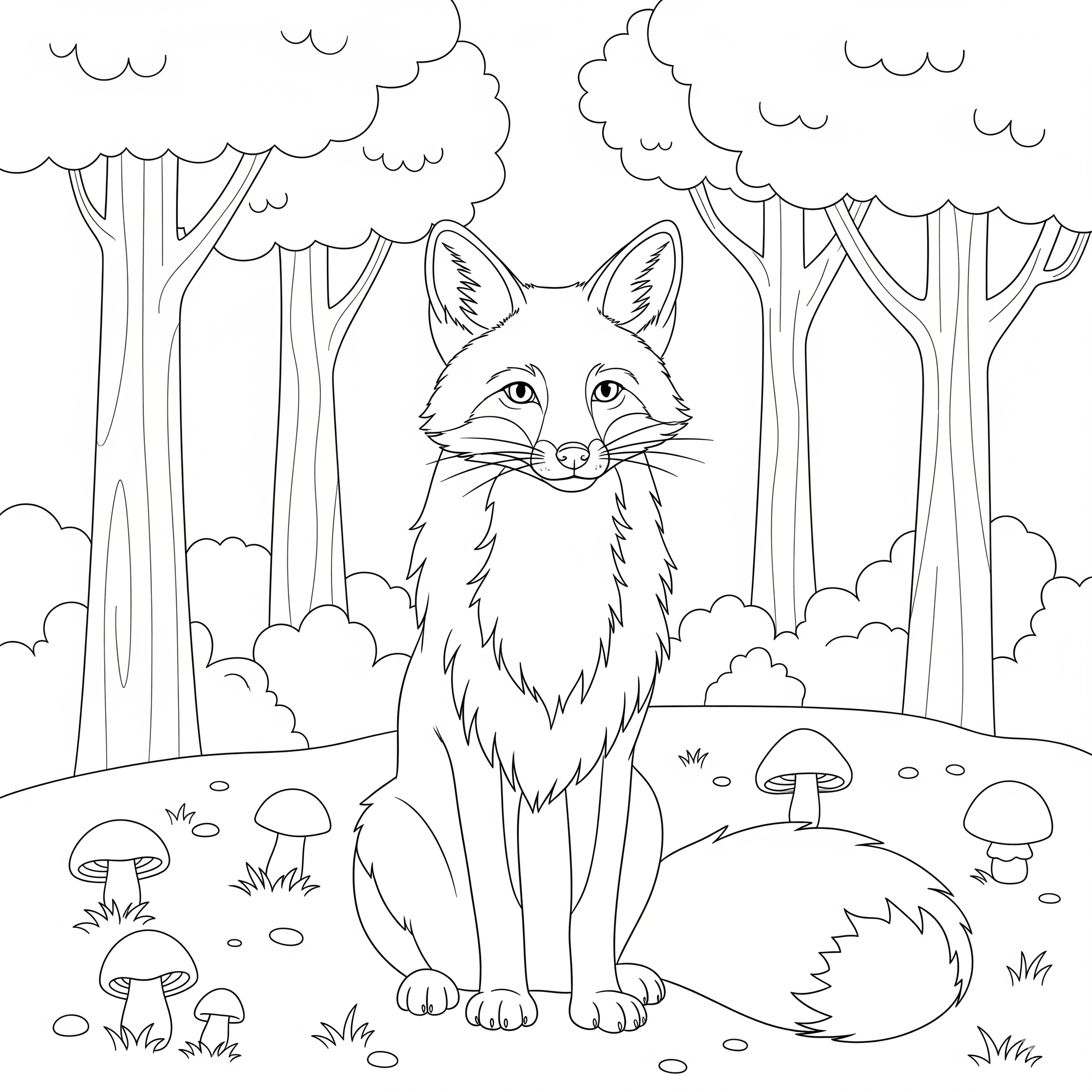 Zorro con cola frondosa en un bosque, para colorear