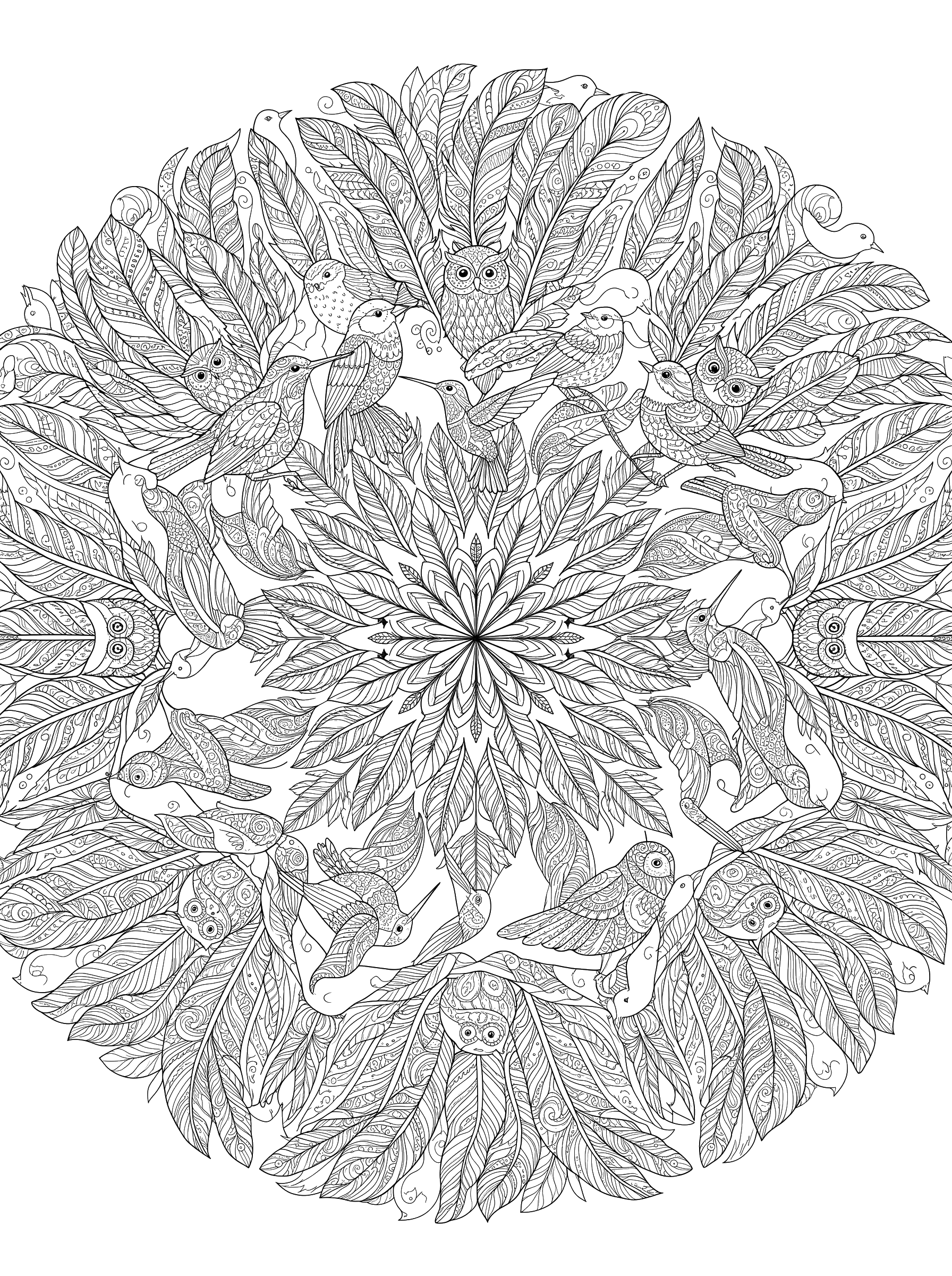 Birds and Feathers Mandala coloring page