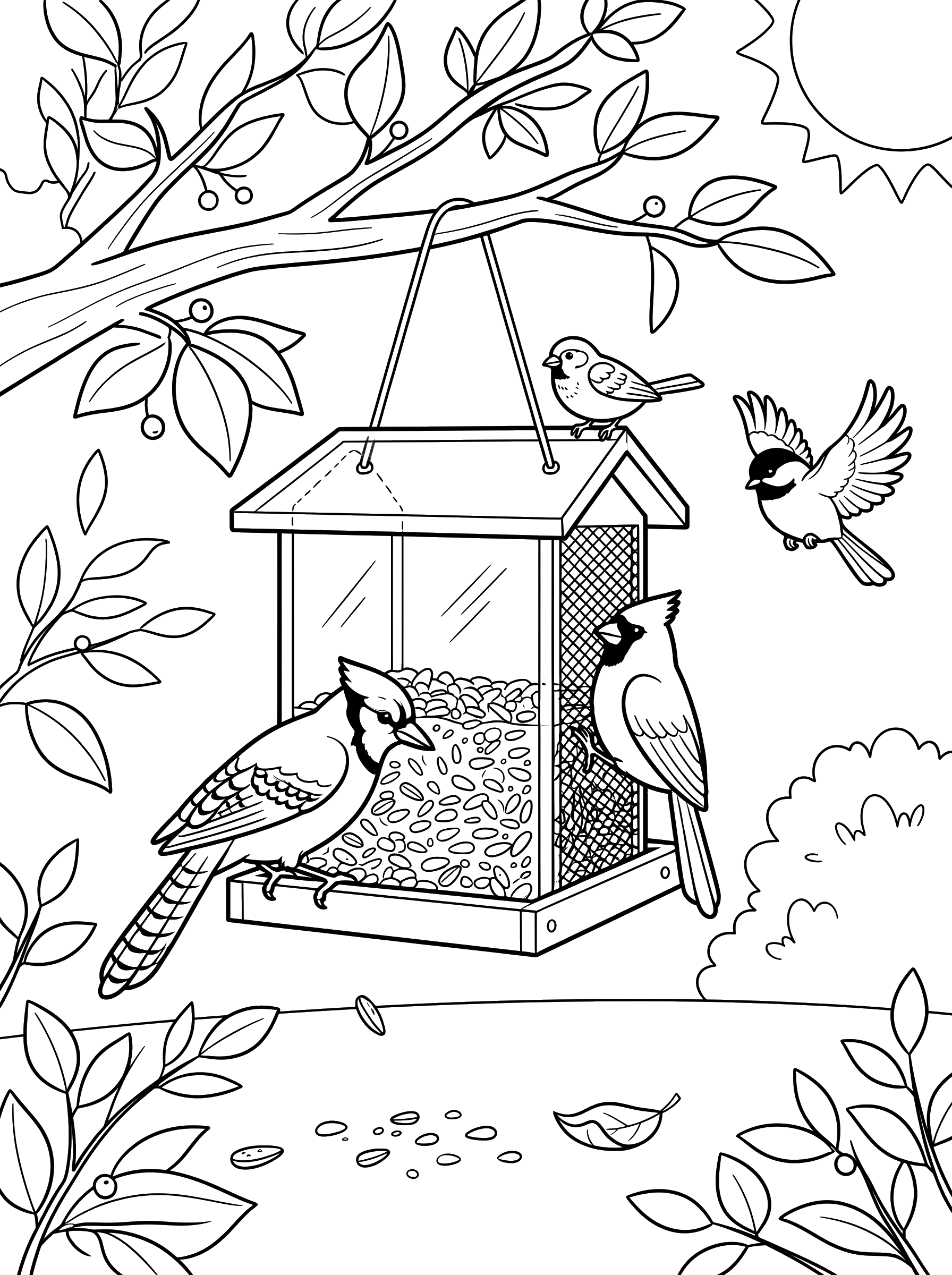 Birds at the Bird Feeder coloring page