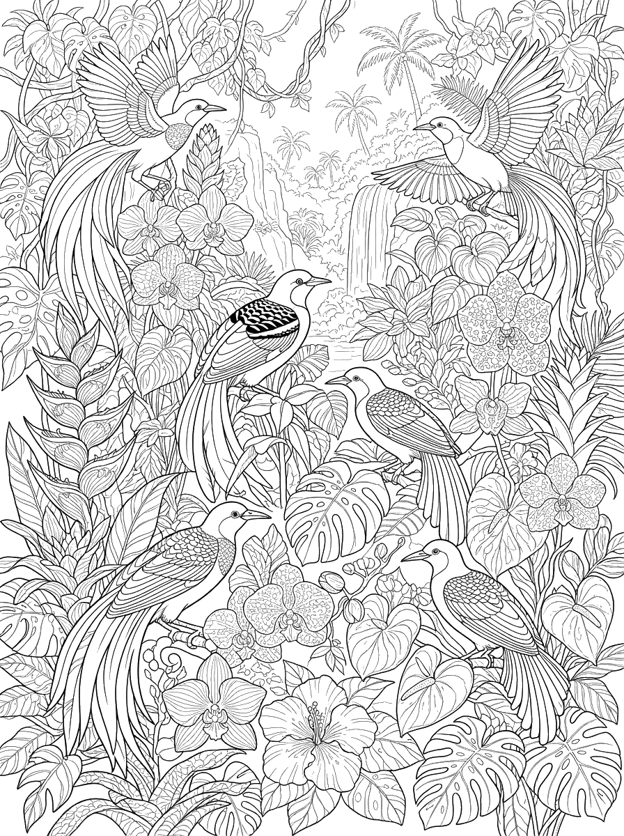 Birds of Paradise Among Flowers coloring page