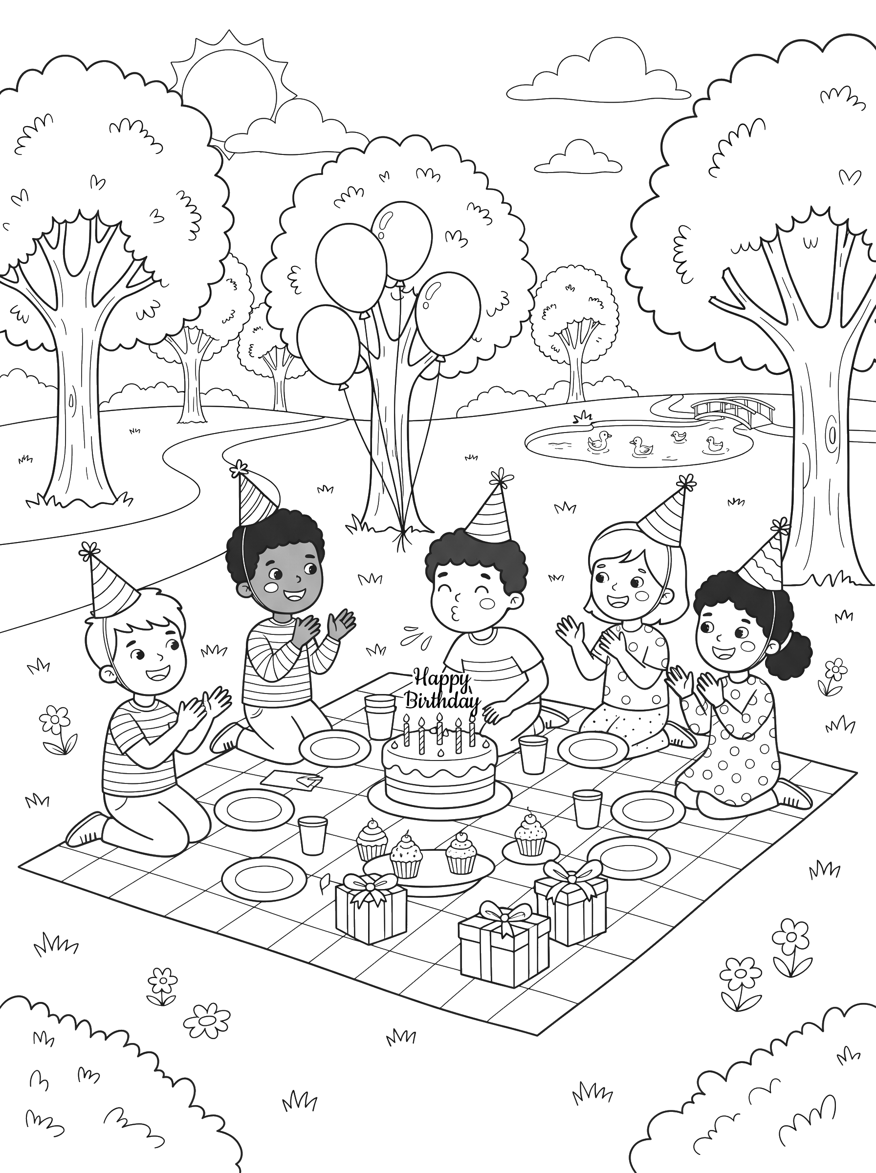 Birthday Picnic in the Park coloring page