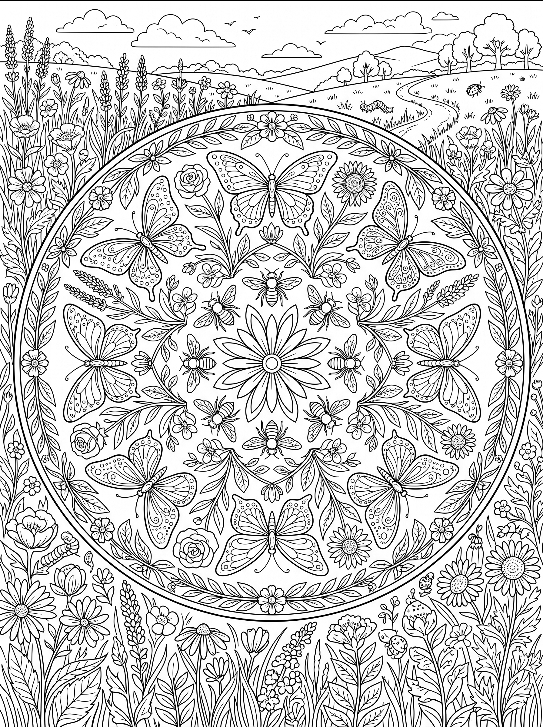 Butterfly and Bee Mandala coloring page