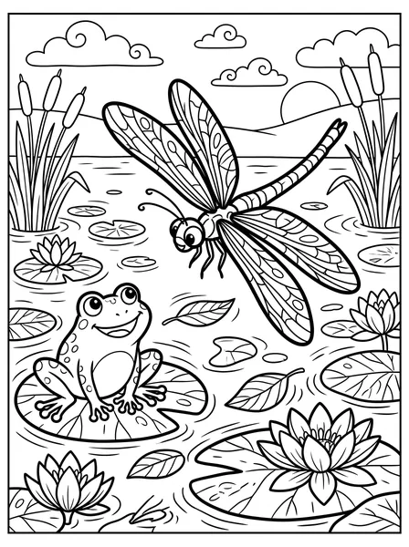 Dragonfly at the Pond coloring page