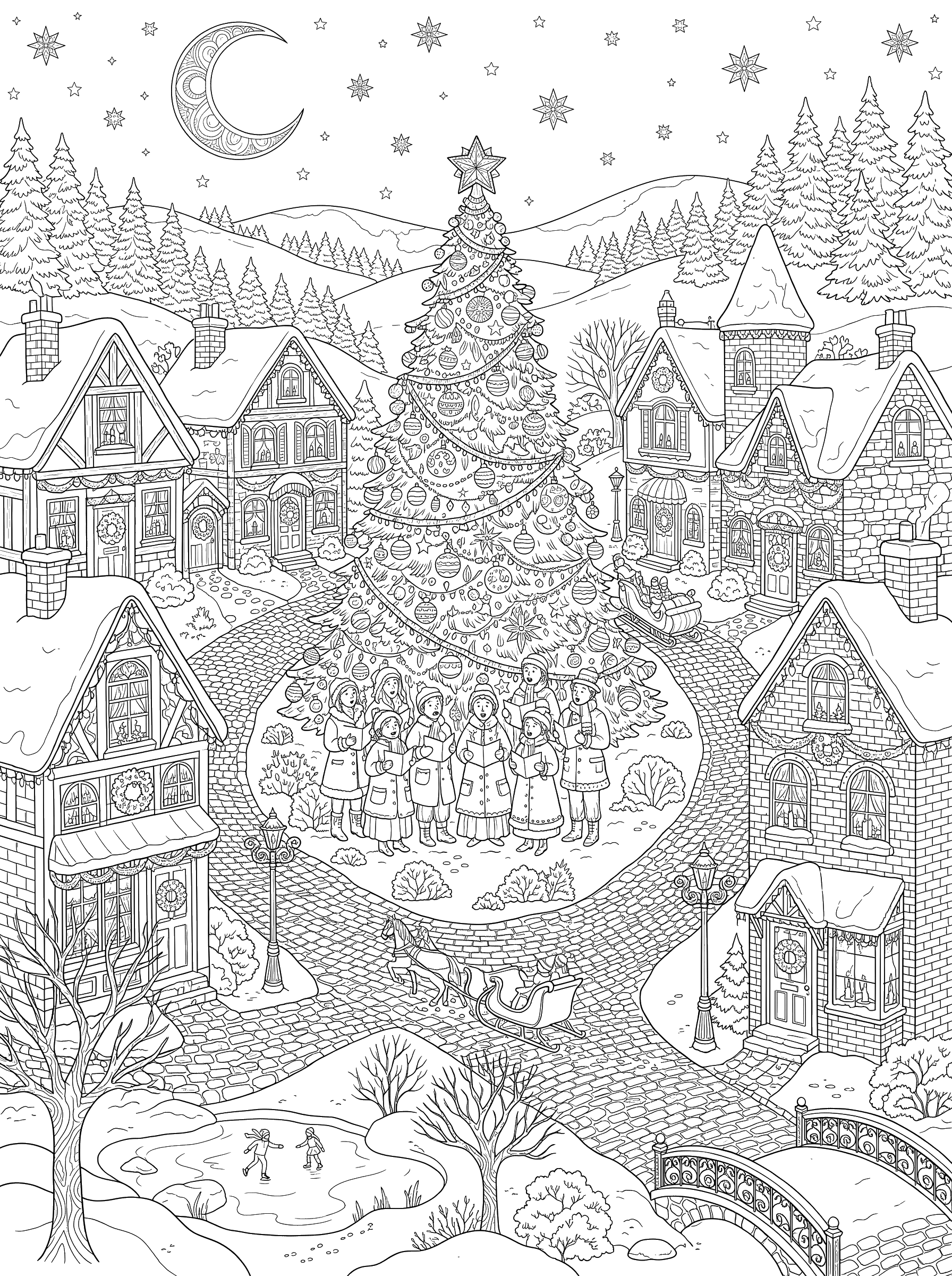 Christmas Village at Night coloring page