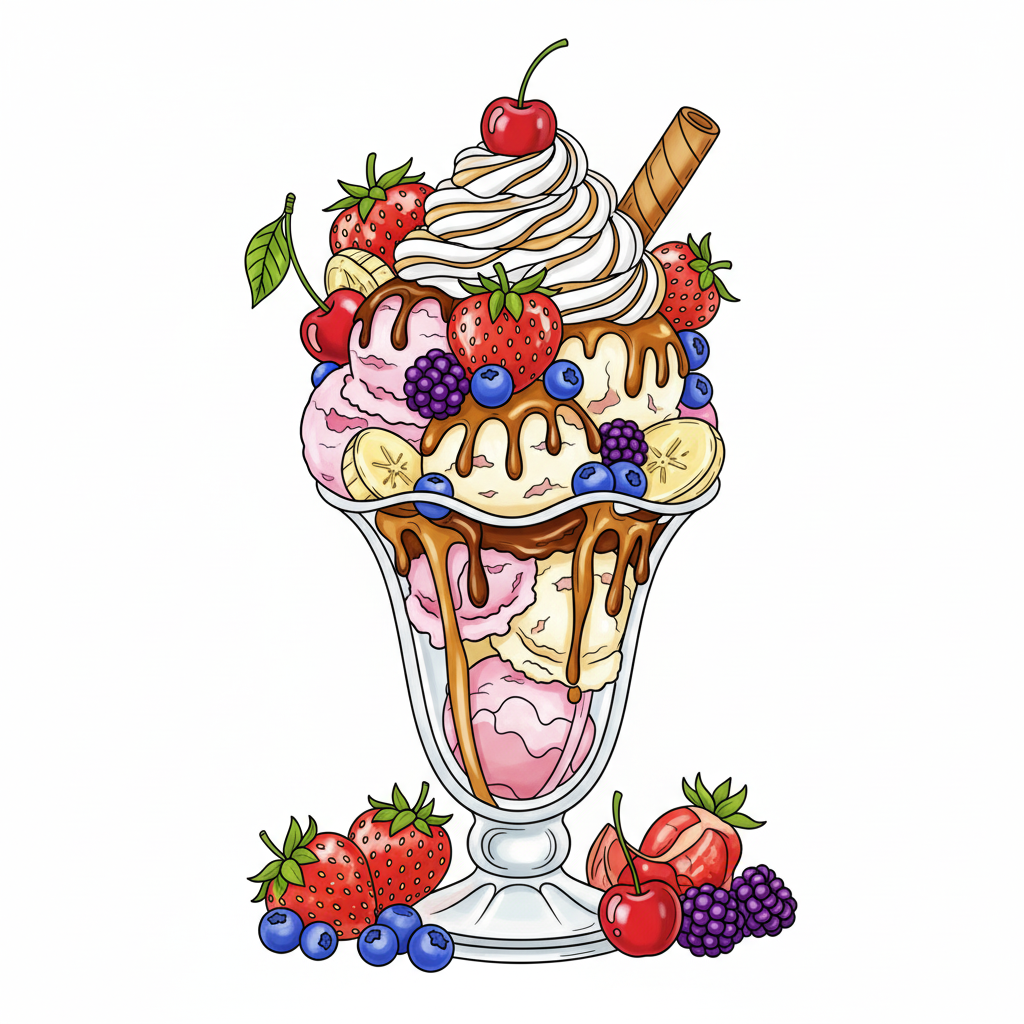 Helado coloreado con frutas coloridas y cobertura de chocolate