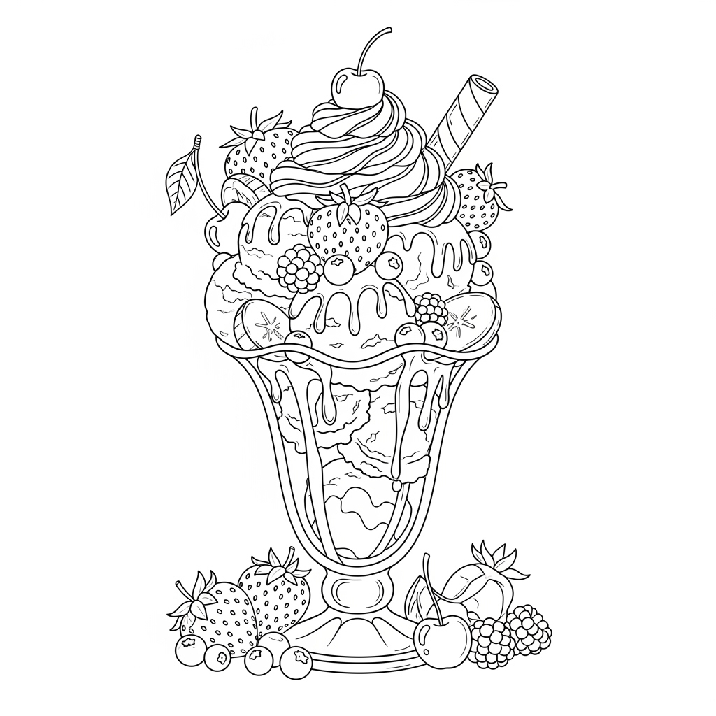 Helado de frutas sin colorear con detalles de frutas y cobertura