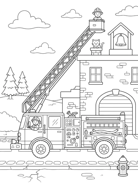 Fire Truck with Its Ladder Up coloring page