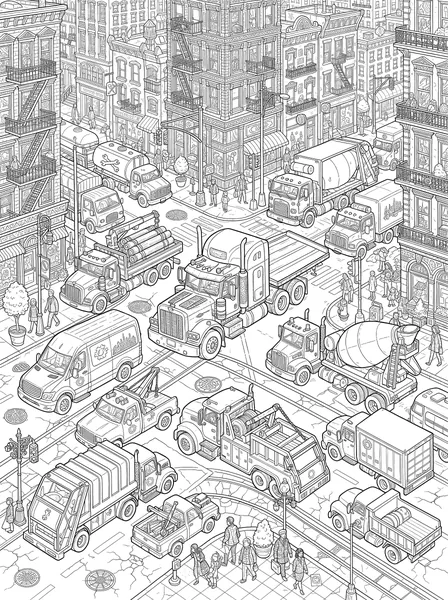 Trucks in City Traffic coloring page