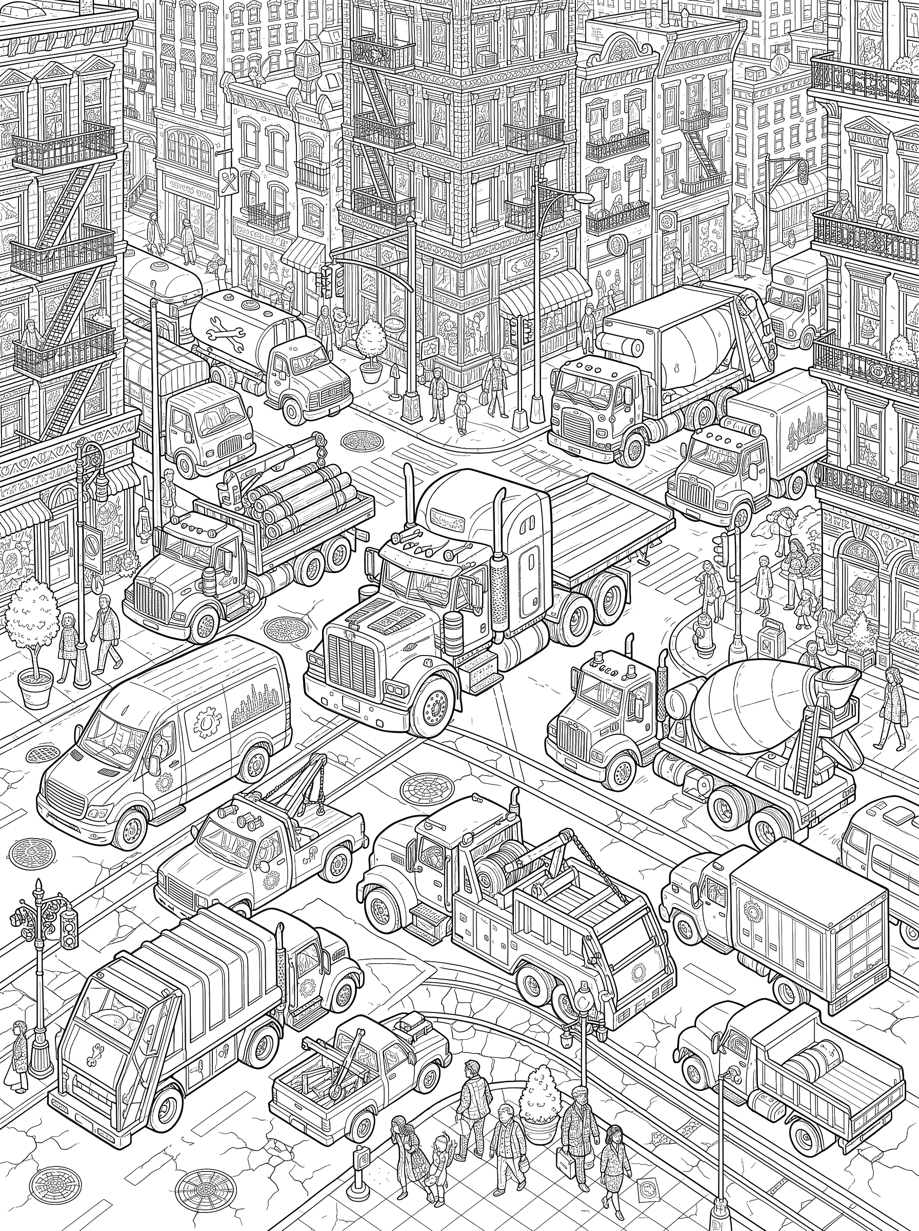 Trucks in City Traffic coloring page