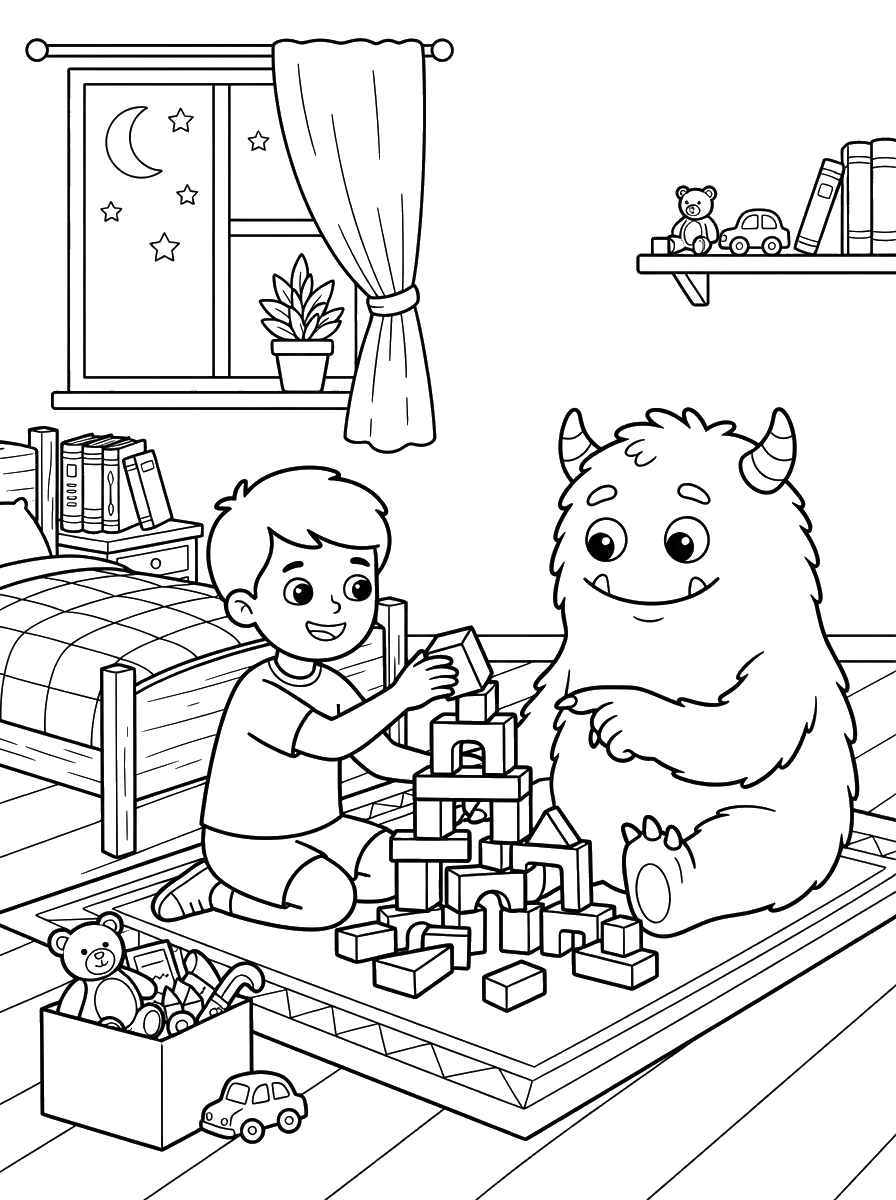 Kid and Monster Playtime coloring page