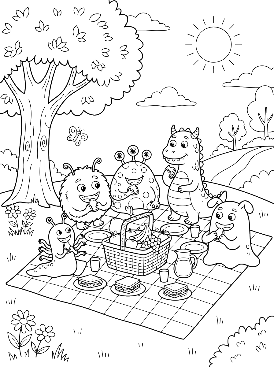 Monster Picnic coloring page