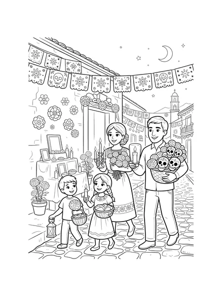 Family with Marigolds coloring page