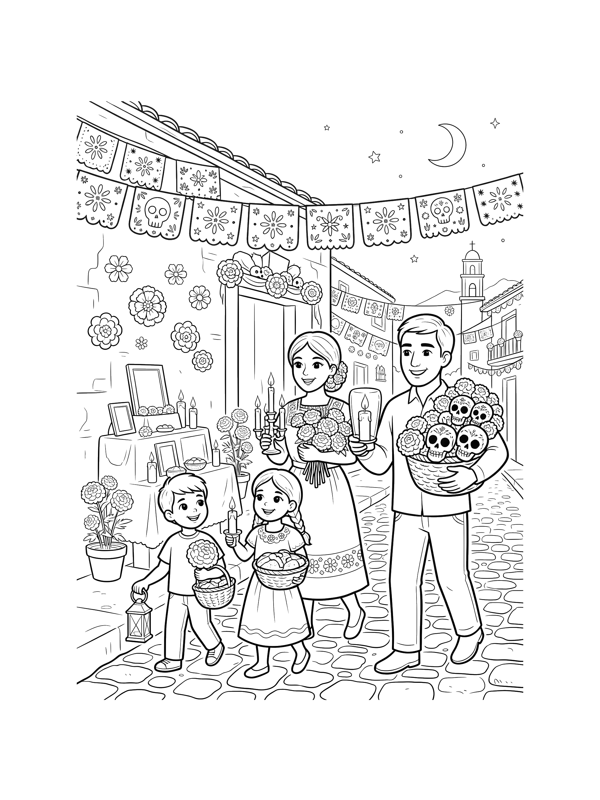 Family with Marigolds coloring page