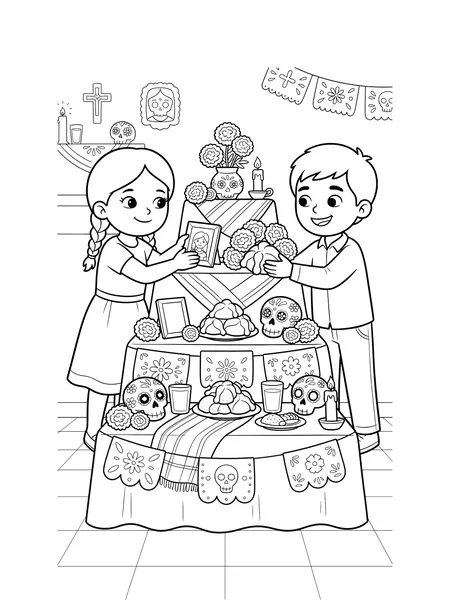 Kids Building an Ofrenda coloring page