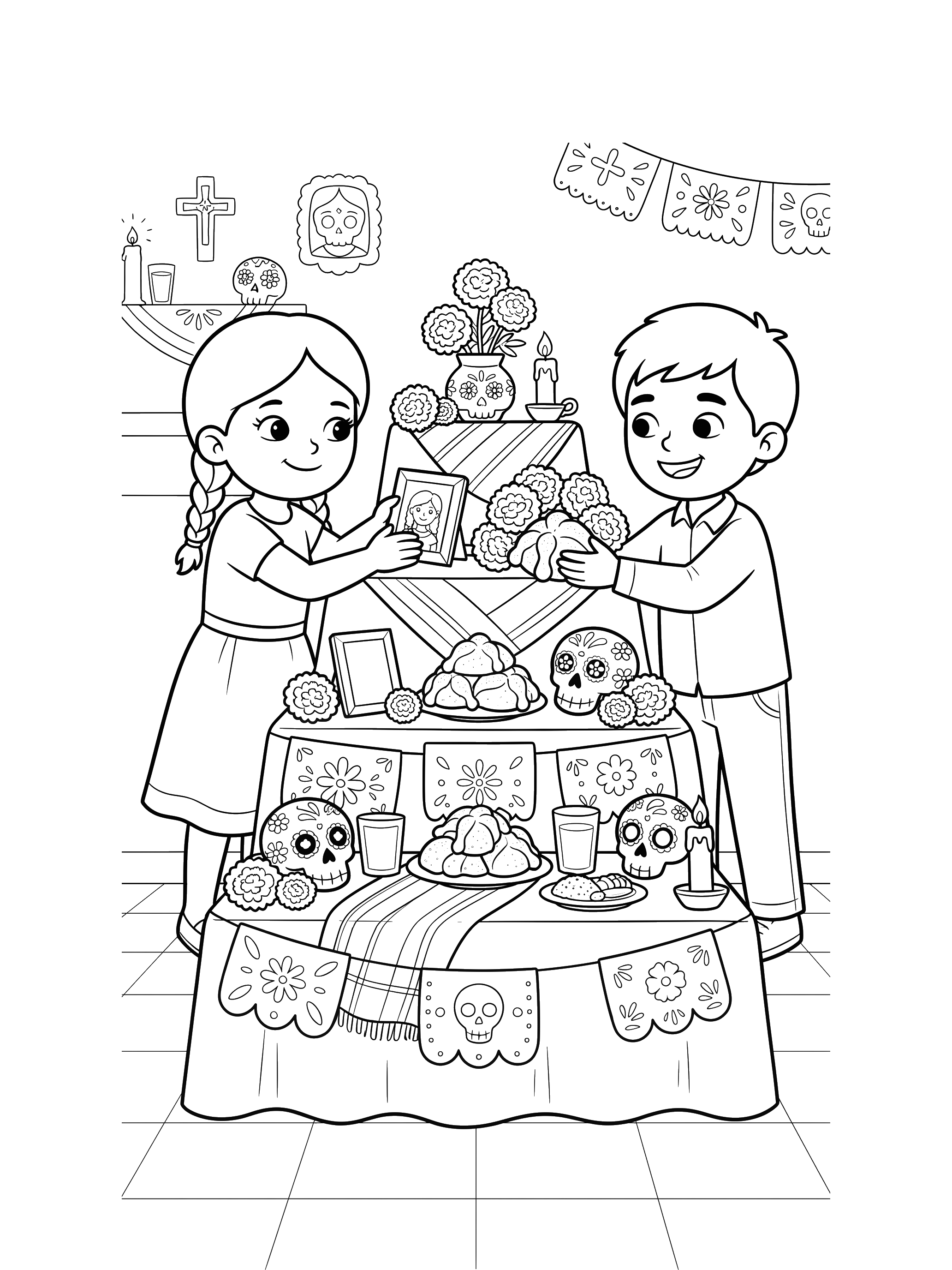 Kids Building an Ofrenda coloring page