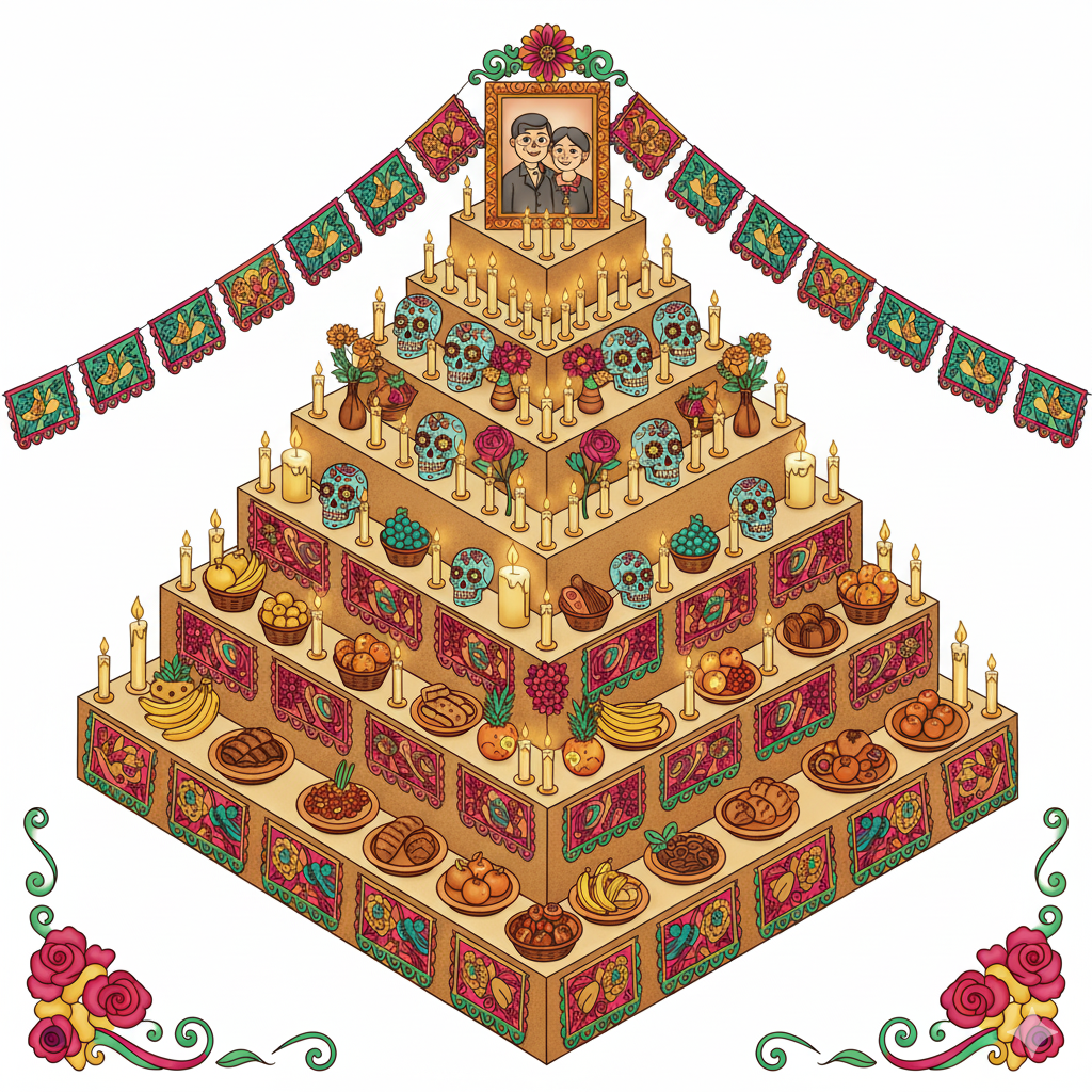 Altar pintado con colores realistas para la comida y brillantes para las decoraciones y papel picado