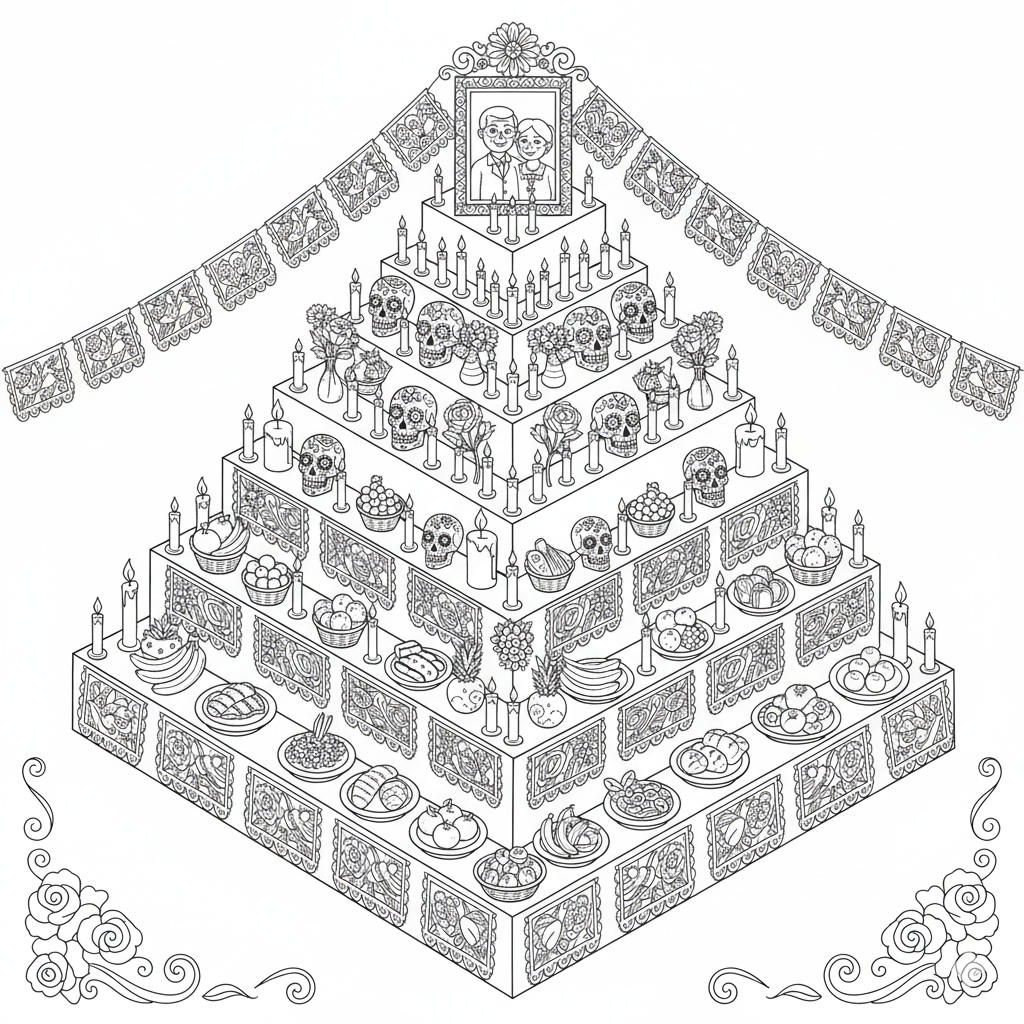 Dibujo de línea de un altar de siete niveles, cada uno lleno de objetos pequeños y detallados