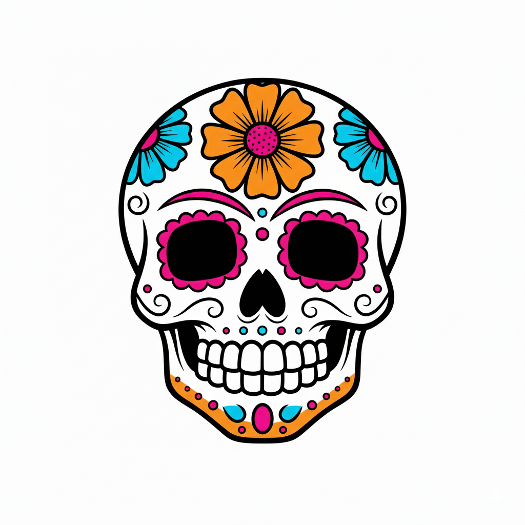 Calavera coloreada con rosa brillante, azul y naranja, con fondo liso