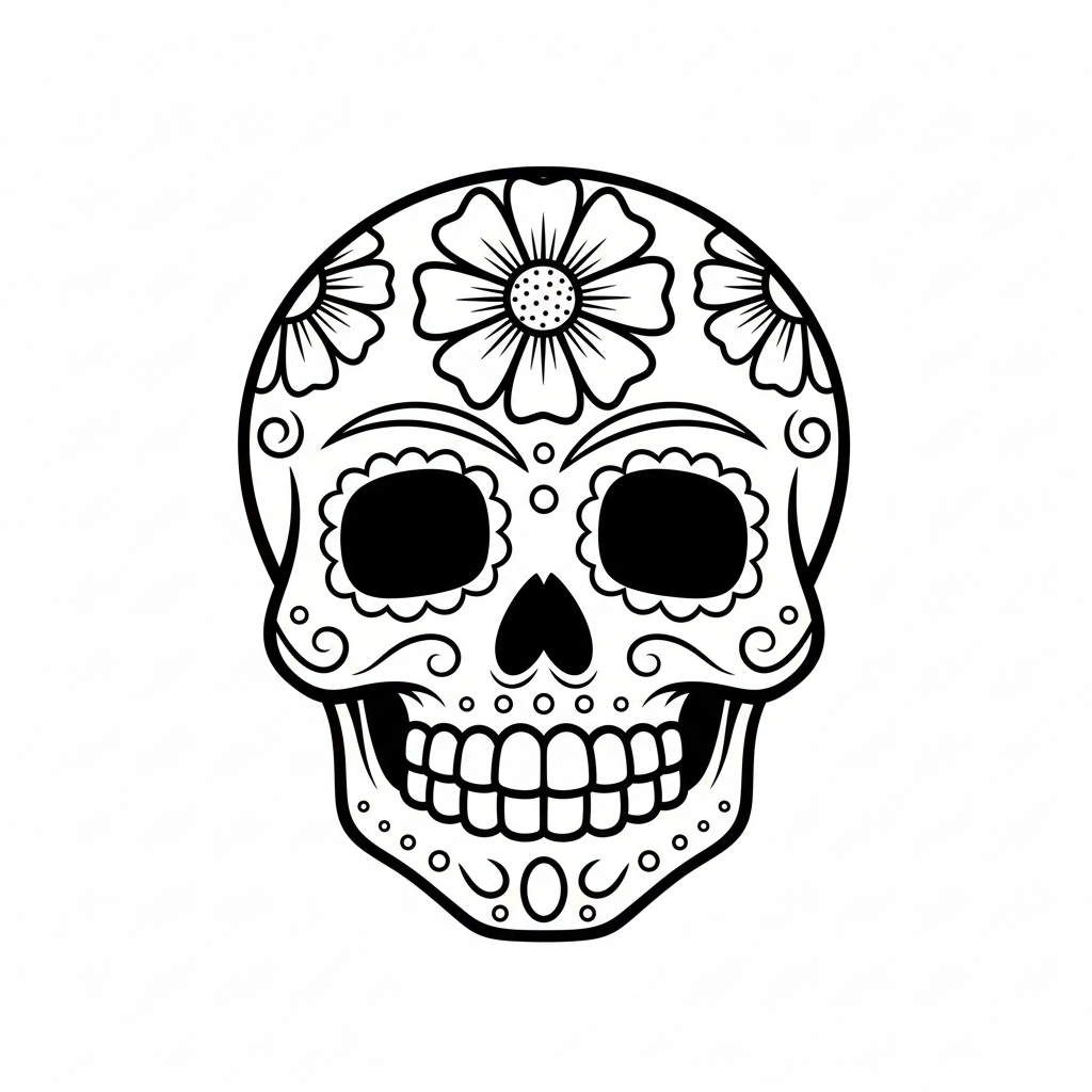 Dibujo de línea de una calavera de azúcar simple con una gran flor en la frente