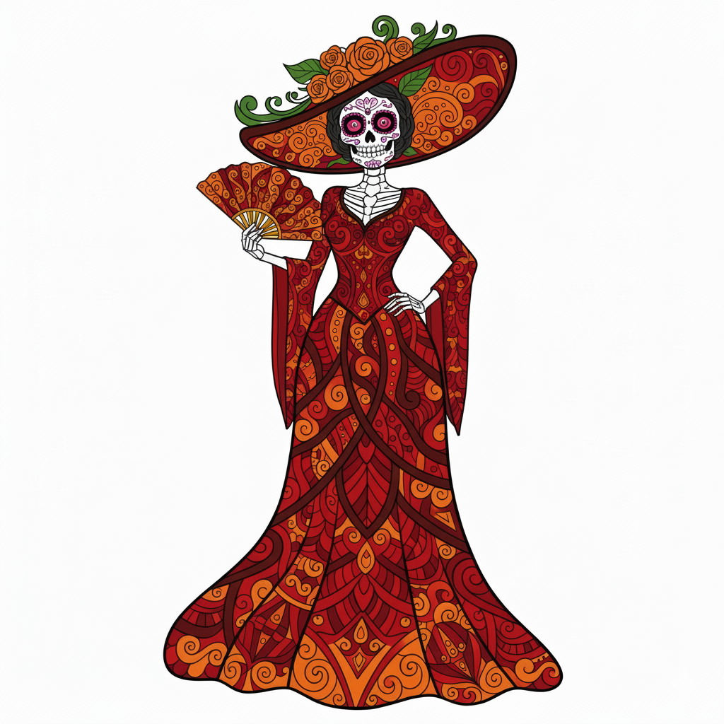 Catrina coloreada con un vestido rojo y negro y grandes flores naranjas