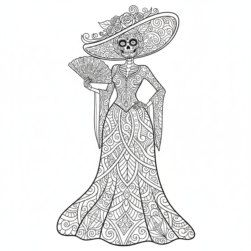 Dibujo de línea de La Catrina con sombrero, vestido y patrones de flores moderados