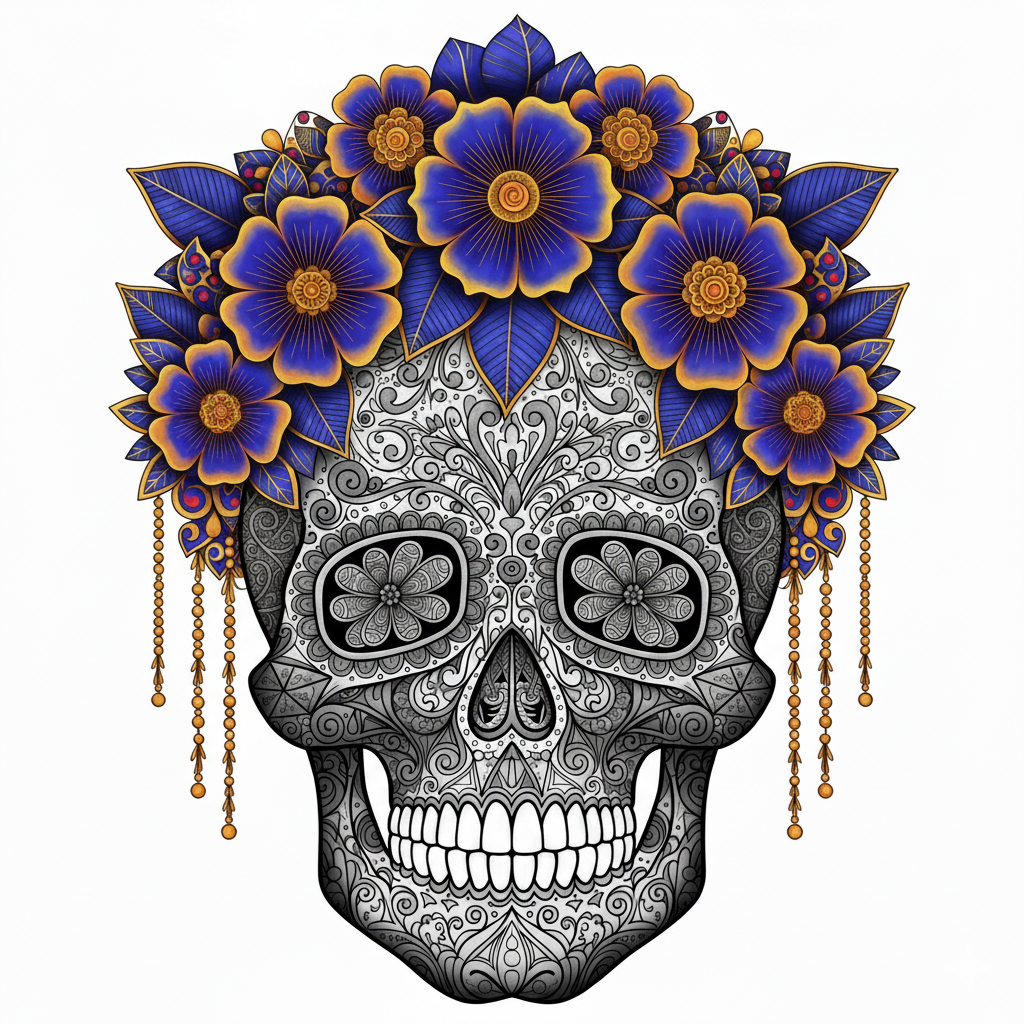 Cráneo coloreado con una paleta de colores oscuros y vibrantes, resaltando los patrones finos