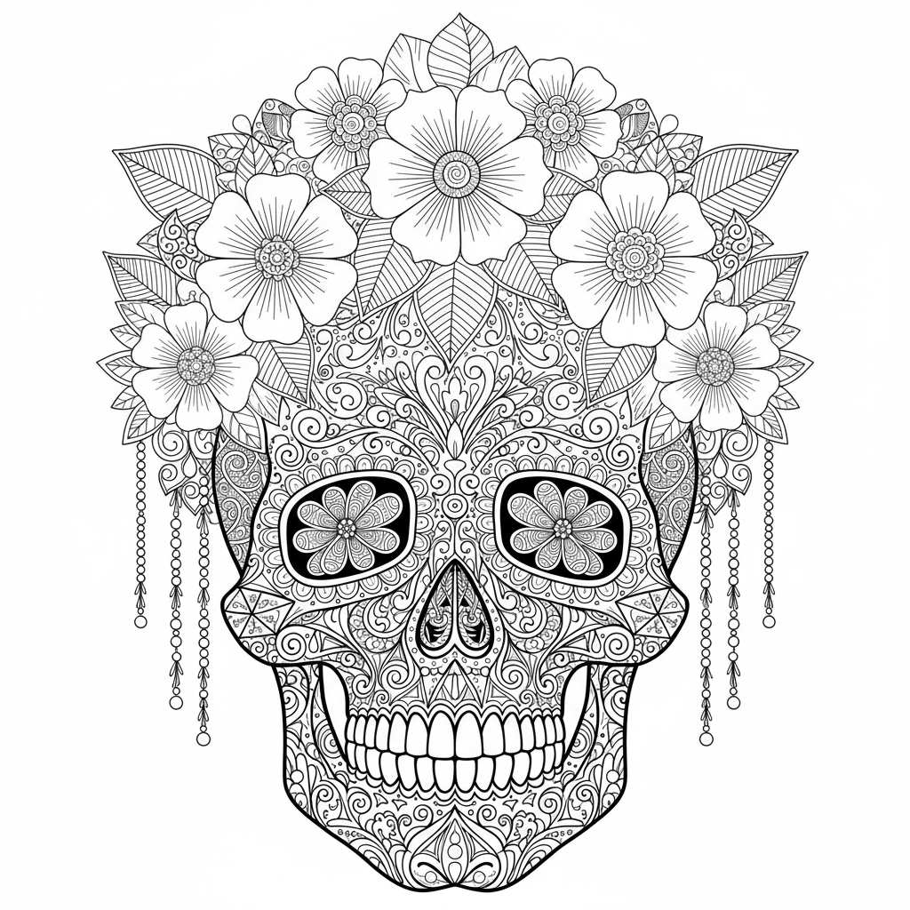 Dibujo de línea de una calavera con muchísimos patrones intrincados y un gran tocado floral