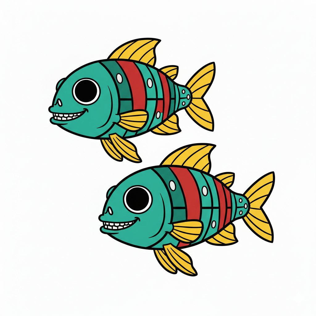 Peces coloreados con patrones vibrantes de rojo, verde y amarillo sobre fondo azul claro