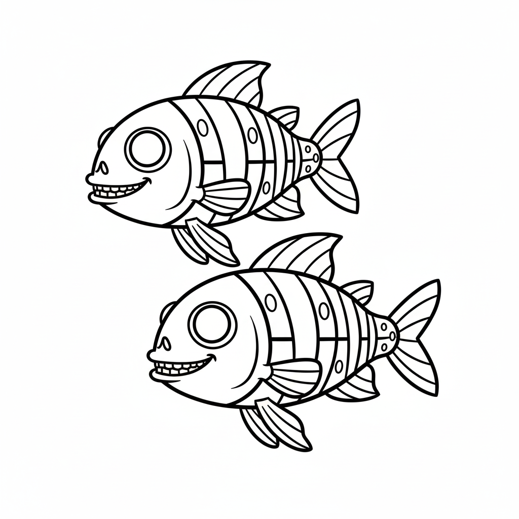 Dibujo de línea de dos peces con esqueletos visibles y patrones de puntos y líneas