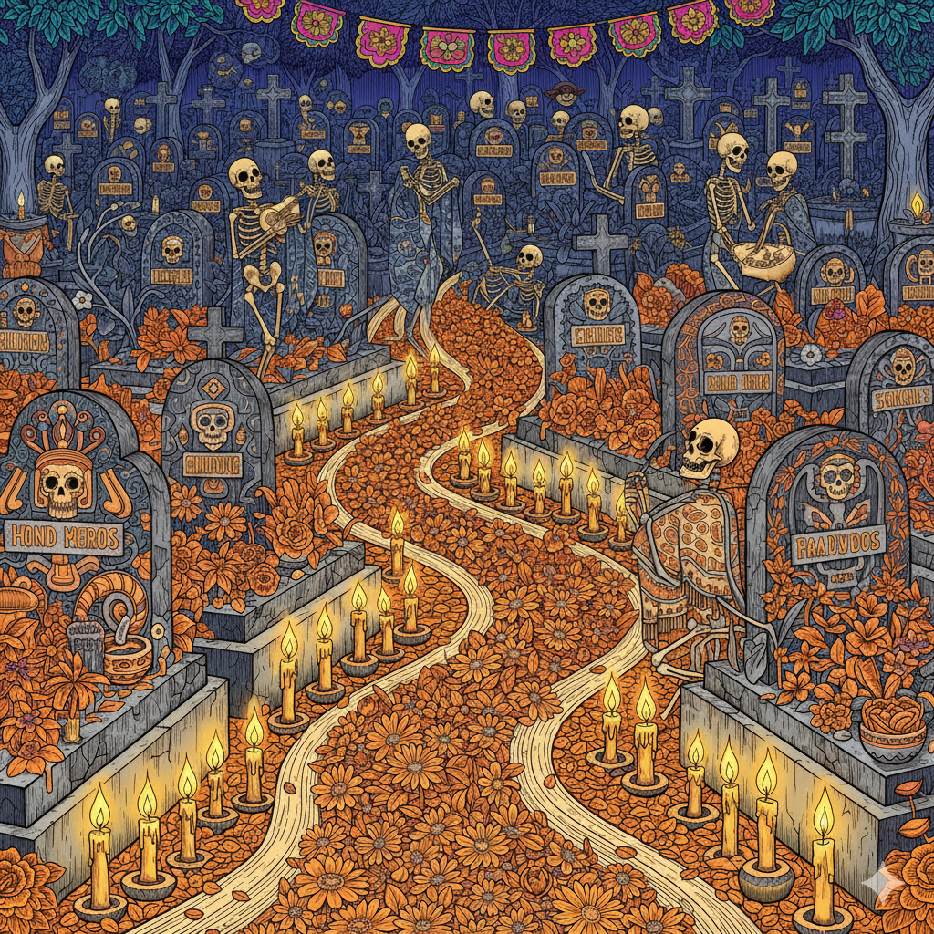 Escena nocturna coloreada con un cielo azul oscuro y la luz cálida de docenas de velas naranjas