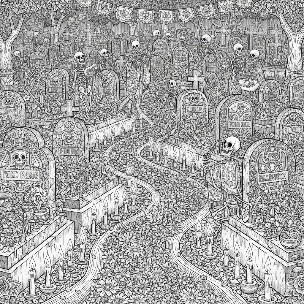 Dibujo de línea de un cementerio con muchas lápidas, velas y un cielo estrellado detallado