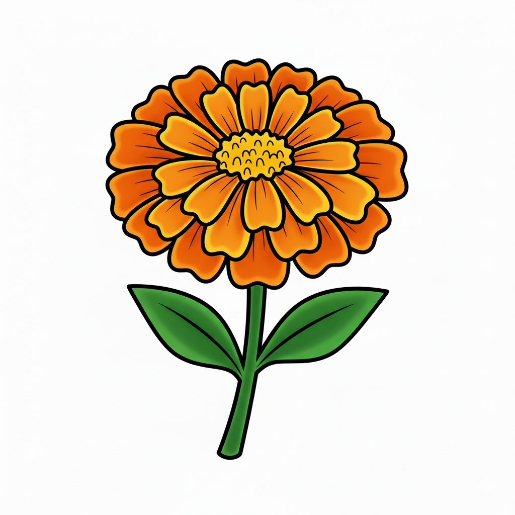 Flor coloreada en un naranja y amarillo vibrante, con tallo verde