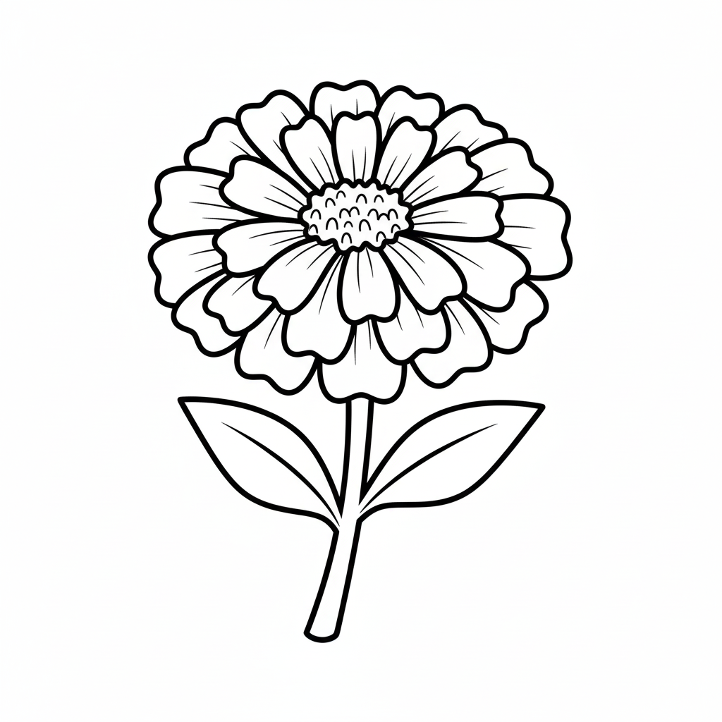 Dibujo de línea de una flor de cempasúchil con tallo y hojas grandes